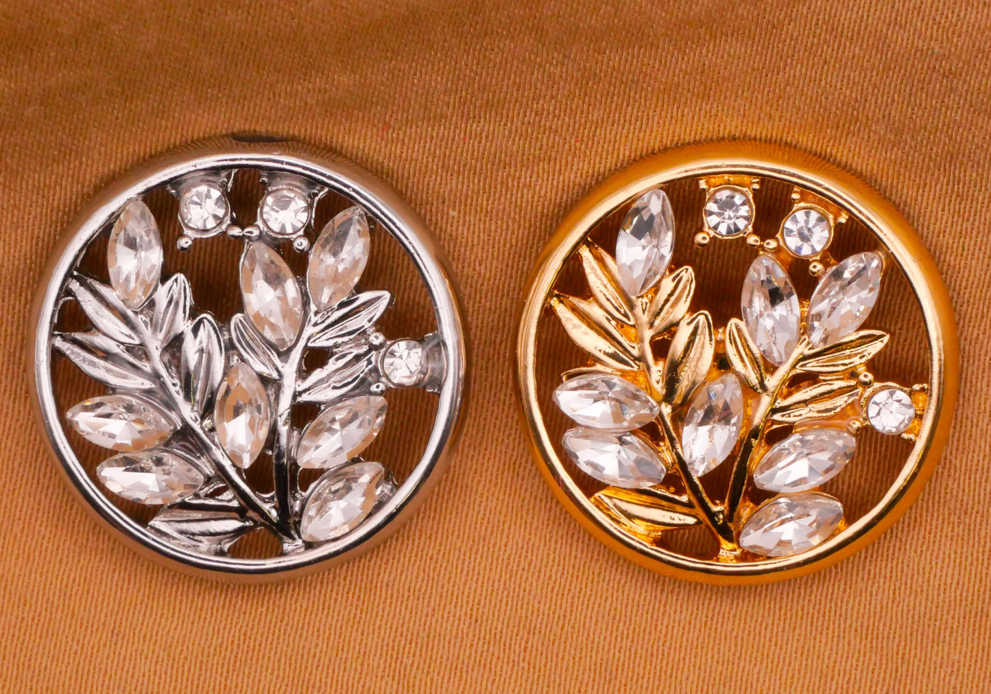 Branch Leaves Silver or Gold Rhinestone Metal Button Various 21mm
