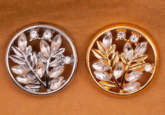 Branch Leaves Silver or Gold Rhinestone Metal Button Various 21mm