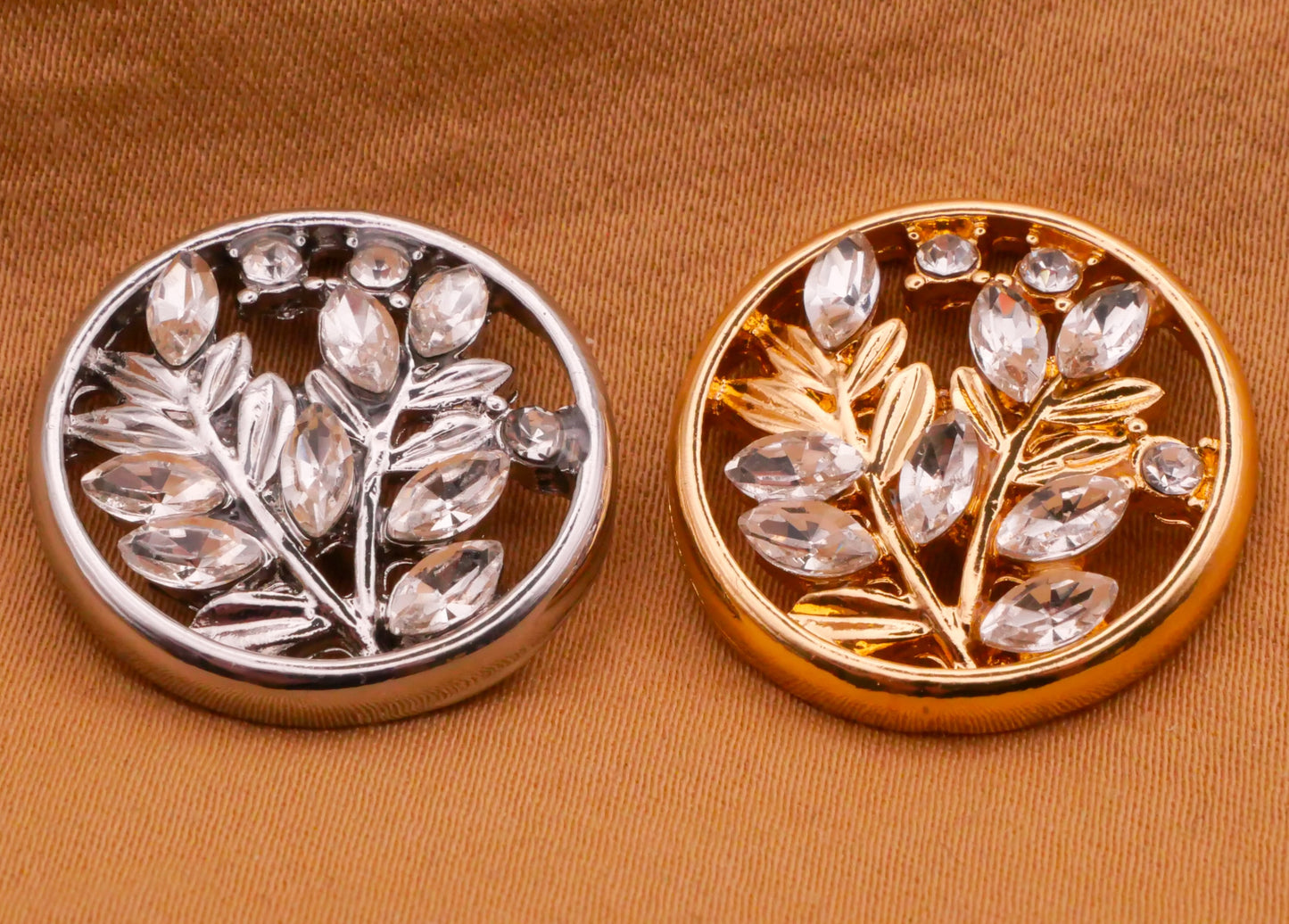 Branch Leaves Silver or Gold Rhinestone Metal Button Various 21mm