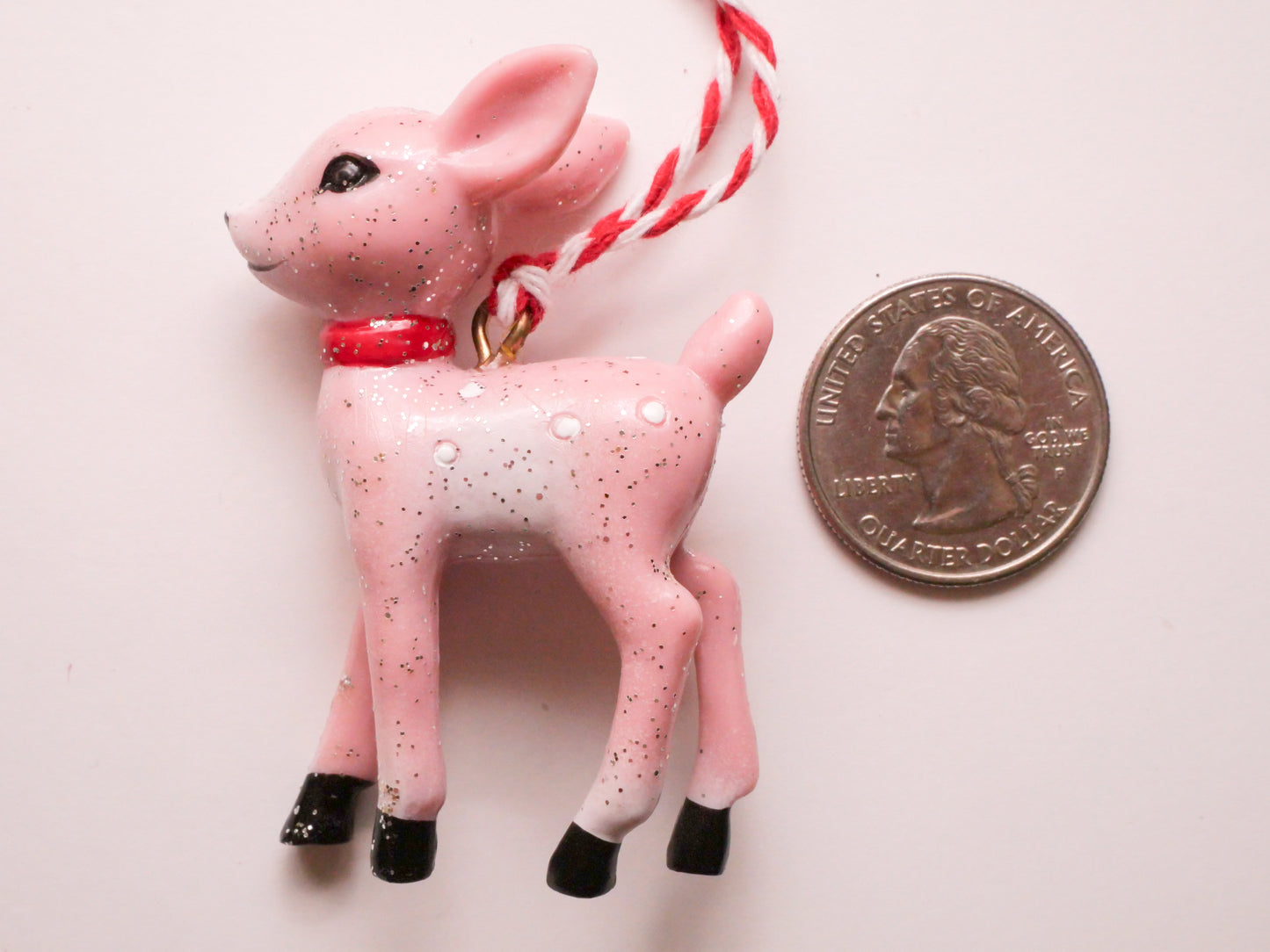 Deer Fawn Pink Plastic Vintage Look Christmas Ornament 39x59mm