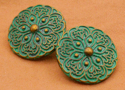 Snowflake Green Patina Bronze Metal Pair of Buttons 18mm