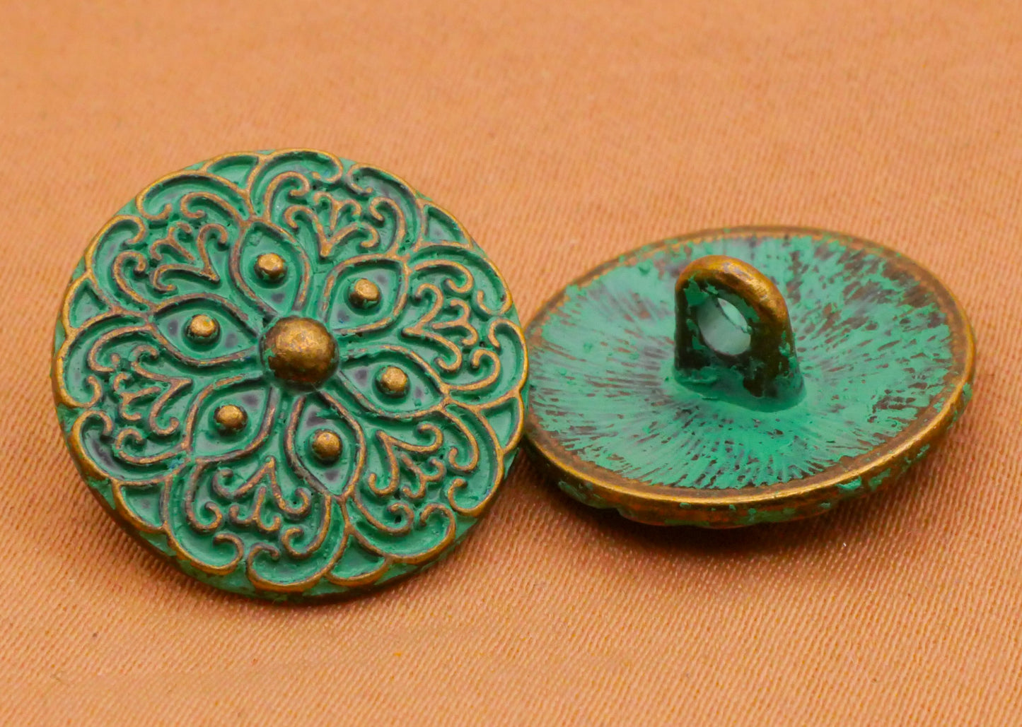Snowflake Green Patina Bronze Metal Pair of Buttons 18mm