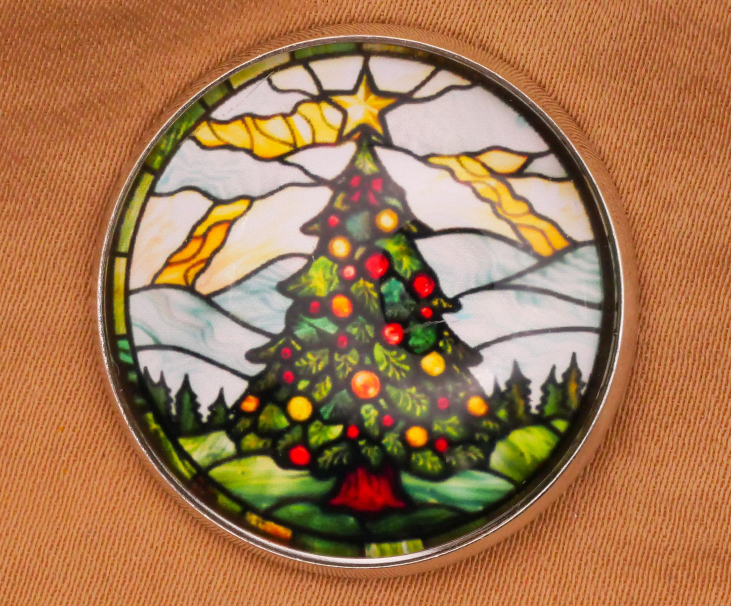 Christmas Tree Stained Glass Look Glass Dome Silver Metal Button 27mm