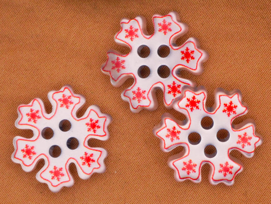 Snowflake Pearlized Plastic Red Details Set of Three Buttons 16mm