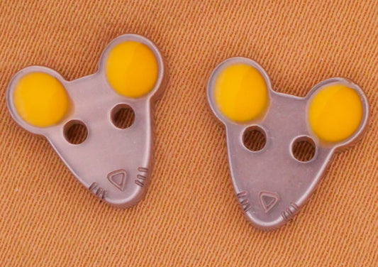 Mouse Mice Grey Yellow Plastic Pair of Buttons 11x12mm