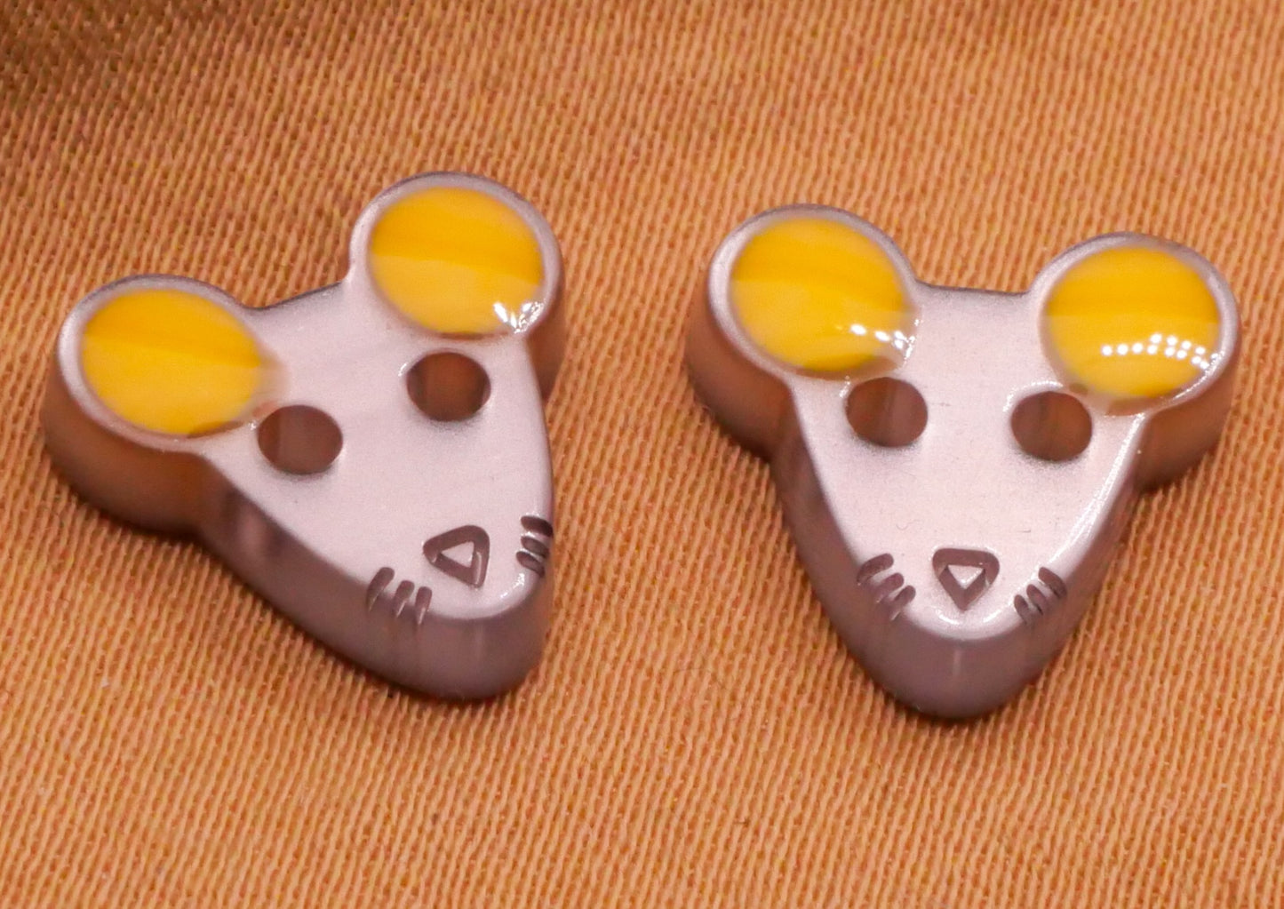 Mouse Mice Grey Yellow Plastic Pair of Buttons 11x12mm