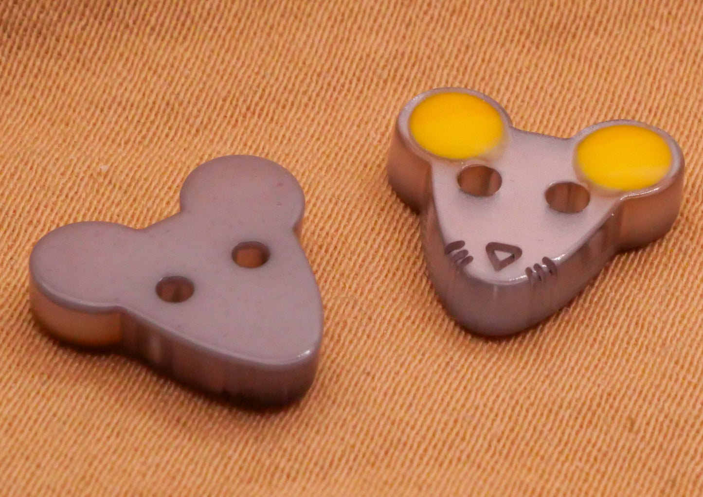 Mouse Mice Grey Yellow Plastic Pair of Buttons 11x12mm