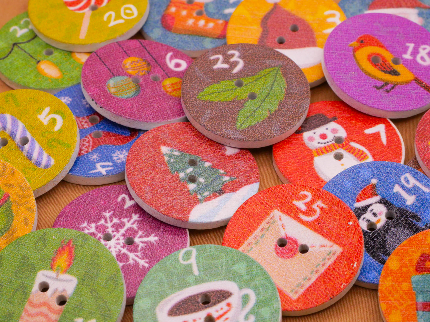 Advent Calendar Christmas Countdown Wood Set of Twenty-Five Buttons 25mm