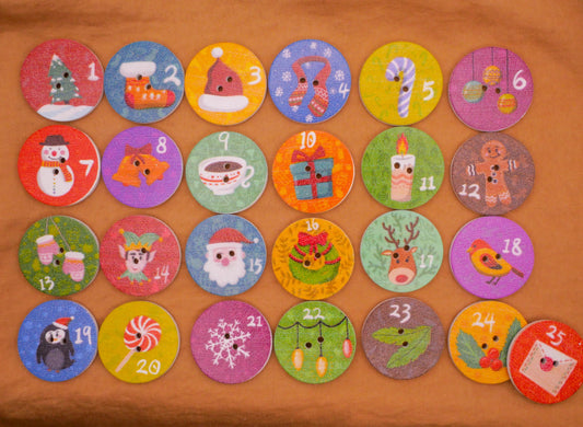 Advent Calendar Christmas Countdown Wood Set of Twenty-Five Buttons 25mm