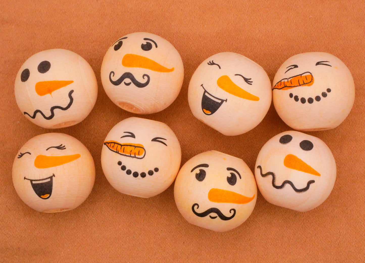 Snowman Face Wood Set of Eight Beads Embellishments 16mm