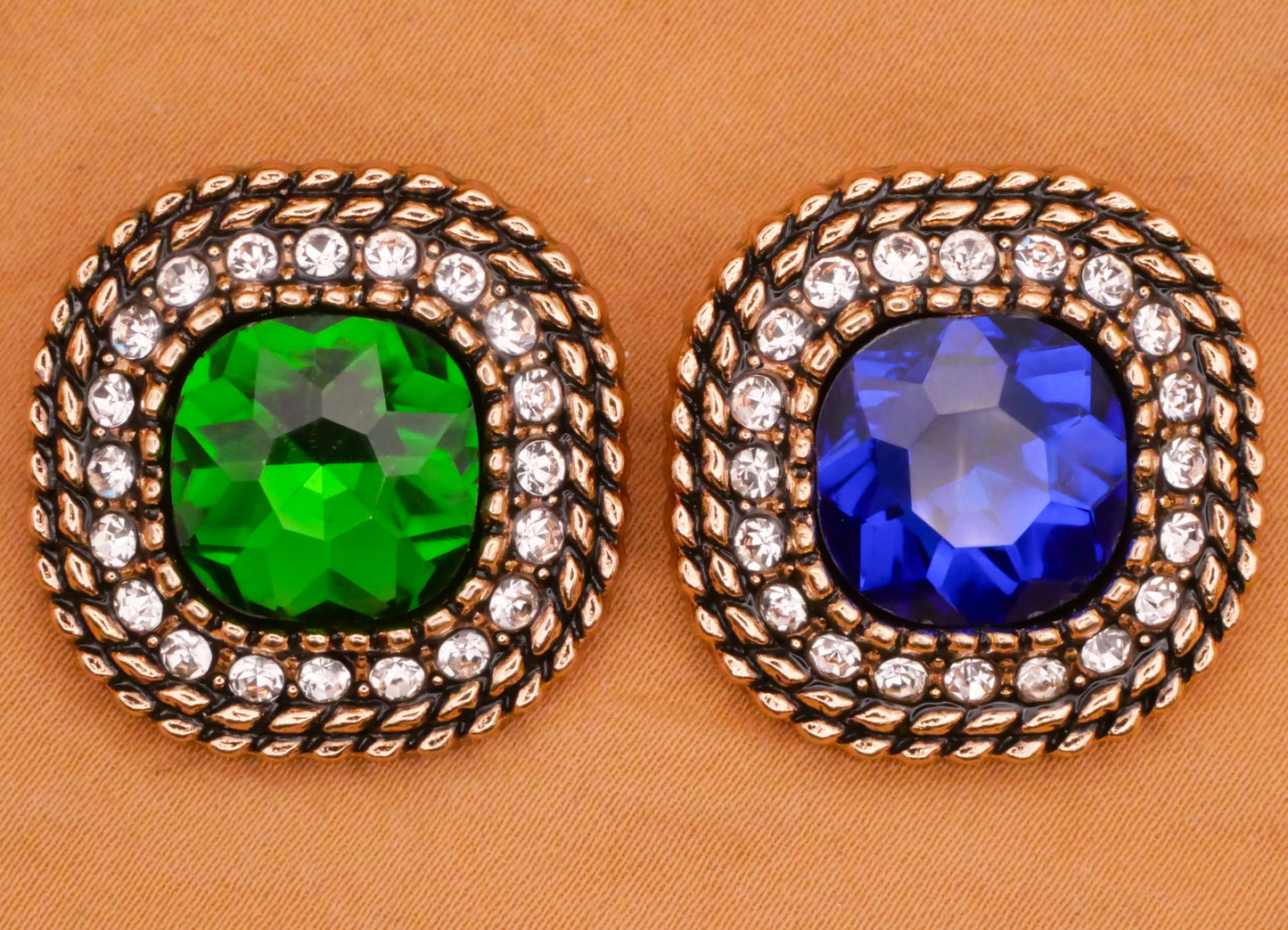 Green or Blue Cushion Rhinestone Metal Button Various 24mm
