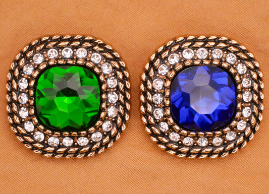 Green or Blue Cushion Rhinestone Metal Button Various 24mm