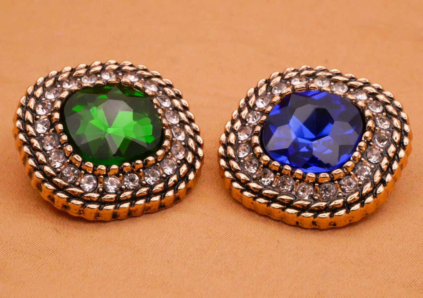 Green or Blue Cushion Rhinestone Metal Button Various 24mm
