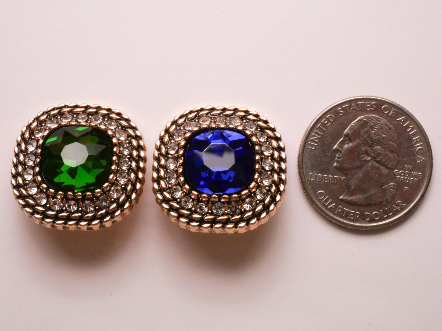 Green or Blue Cushion Rhinestone Metal Button Various 24mm