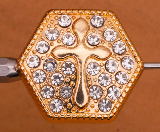 Cross Religious Rhinestone Gold Metal Button 21x24mm