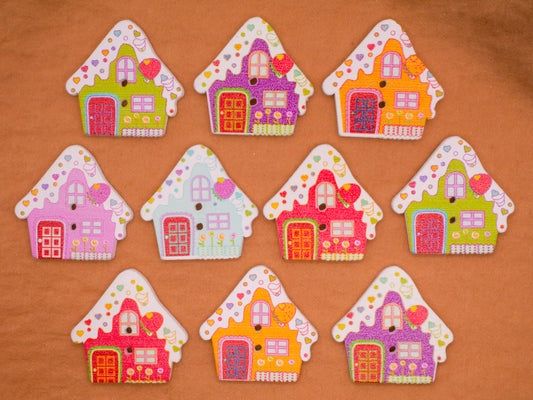 Gingerbread House Frosted Roof Wood Set of Ten Buttons 29x30mm