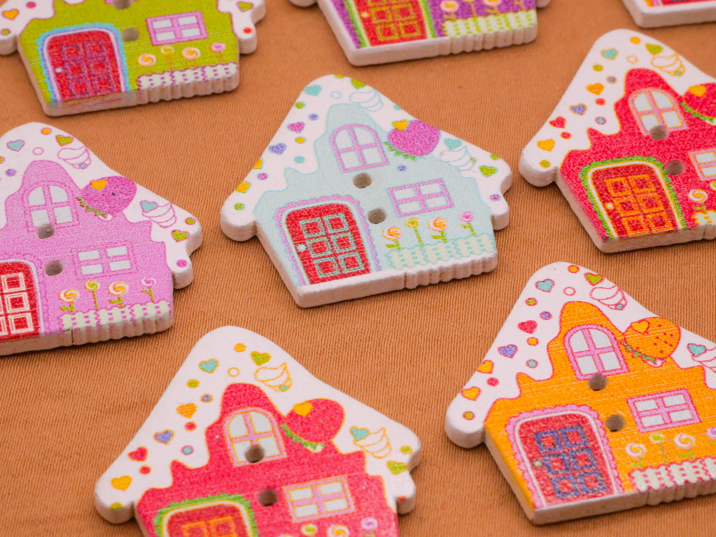 Gingerbread House Frosted Roof Wood Set of Ten Buttons 29x30mm