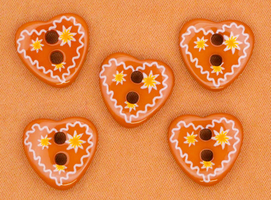 Heart Decorated Gingerbread Cookie Plastic Set of Five Buttons 12mm