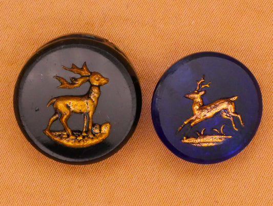 Reindeer Deer Gold Accent Black or Blue Glass Antique Button Various 16-18mm