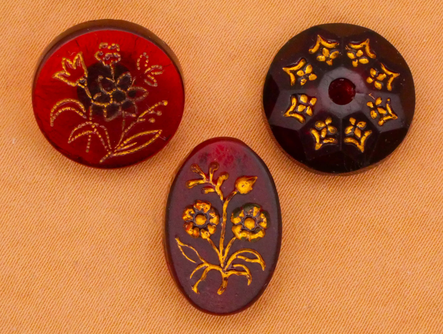 Flowers Floral Motif Cranberry Glass Antique Button Various 12-16mm