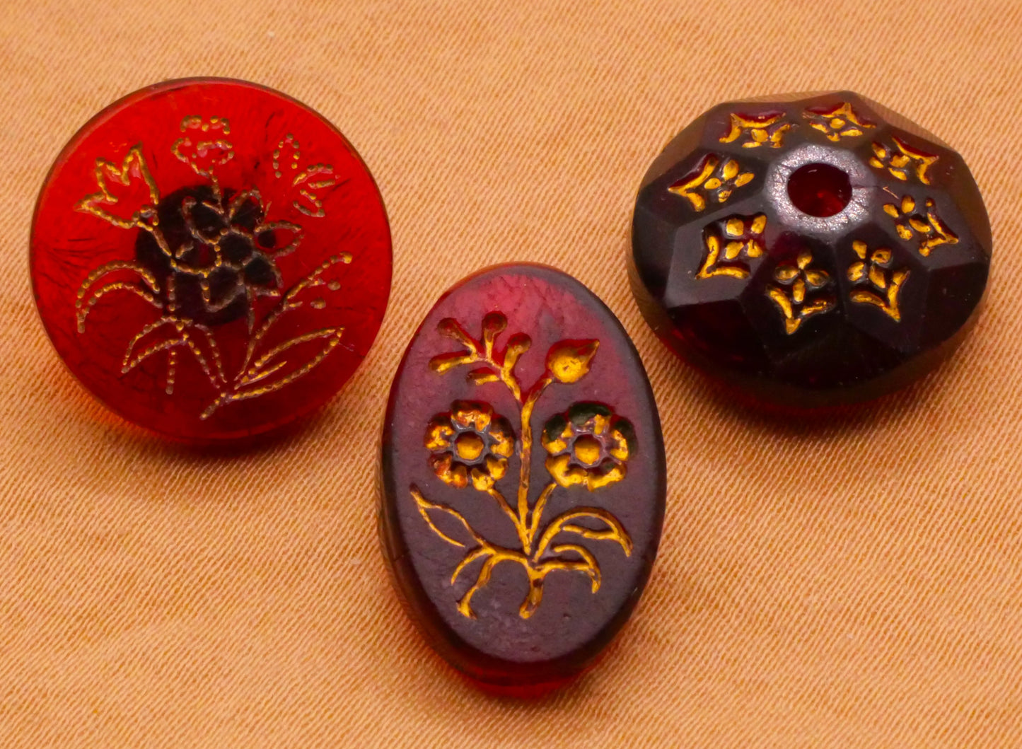 Flowers Floral Motif Cranberry Glass Antique Button Various 12-16mm