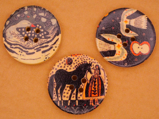 Folk Art Animals Goose Birds Horse Wood Set of Three Buttons 30mm