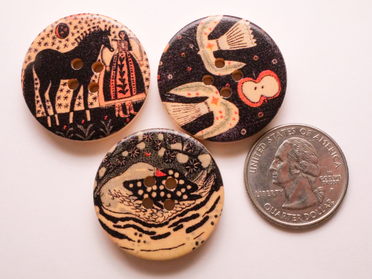 Folk Art Animals Goose Birds Horse Wood Set of Three Buttons 30mm