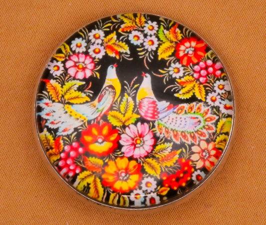 Birds Flowers Ukrainian Folk Art Glass Dome Silver Metal Button 30mm