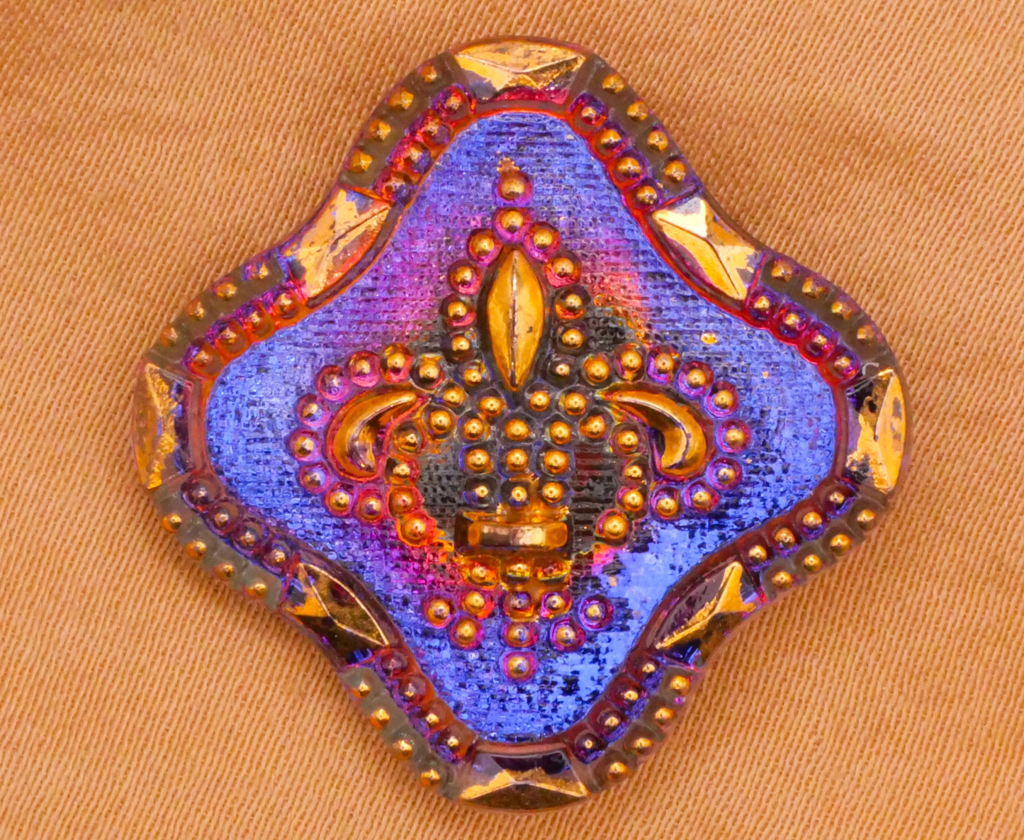 Fleur de Lis Iridescent Diamond Shape Czech Glass Button 27mm