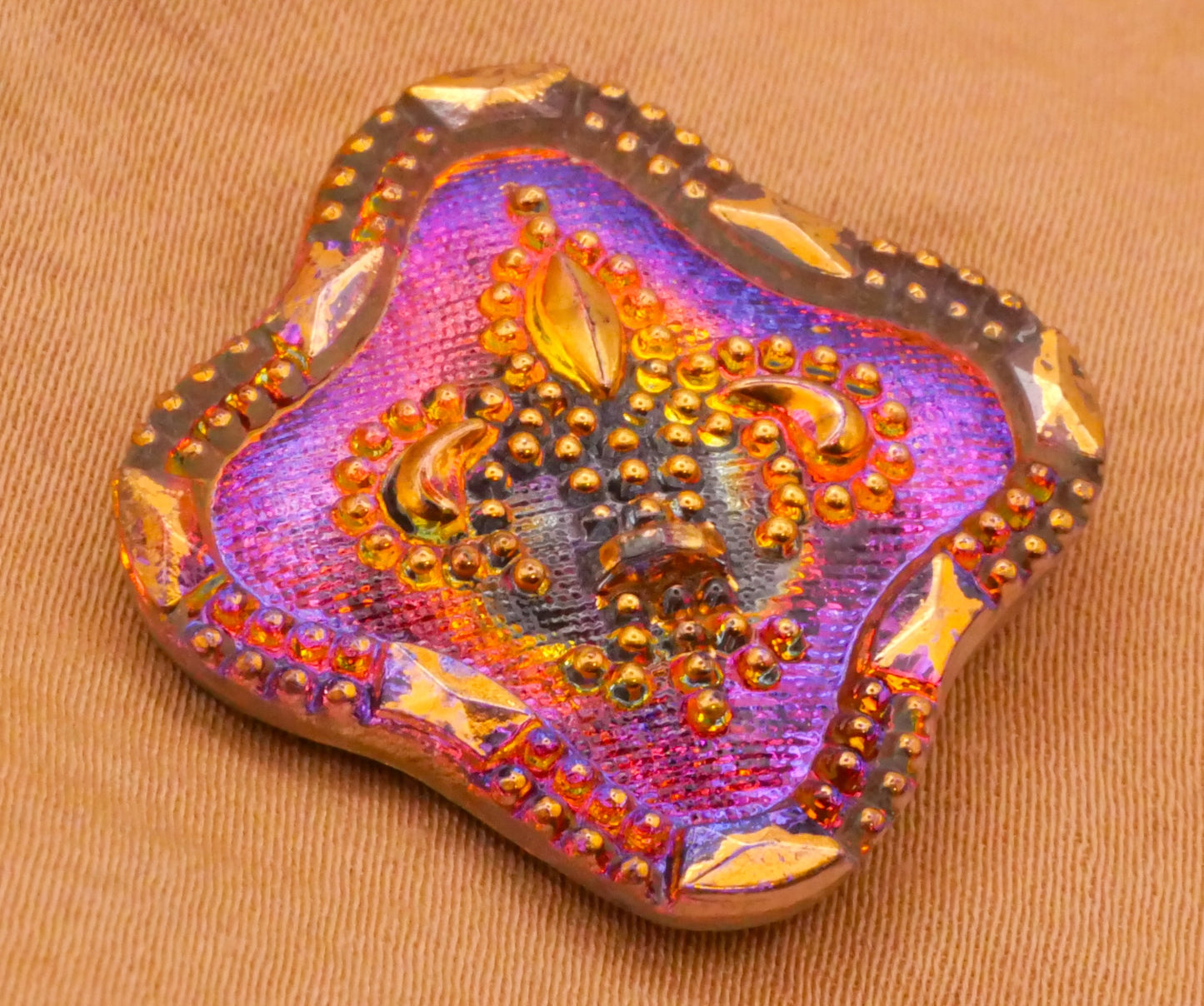 Fleur de Lis Iridescent Diamond Shape Czech Glass Button 27mm