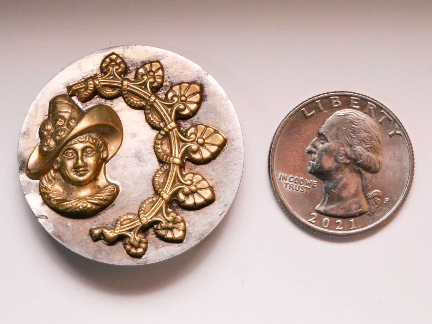 Lady in Hat Portrait Steel Brass Large Metal Victorian Button 37mm