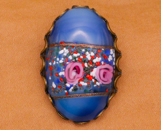 Rose Lampwork Blue Oval Glass Bronze Metal Button 19x27mm