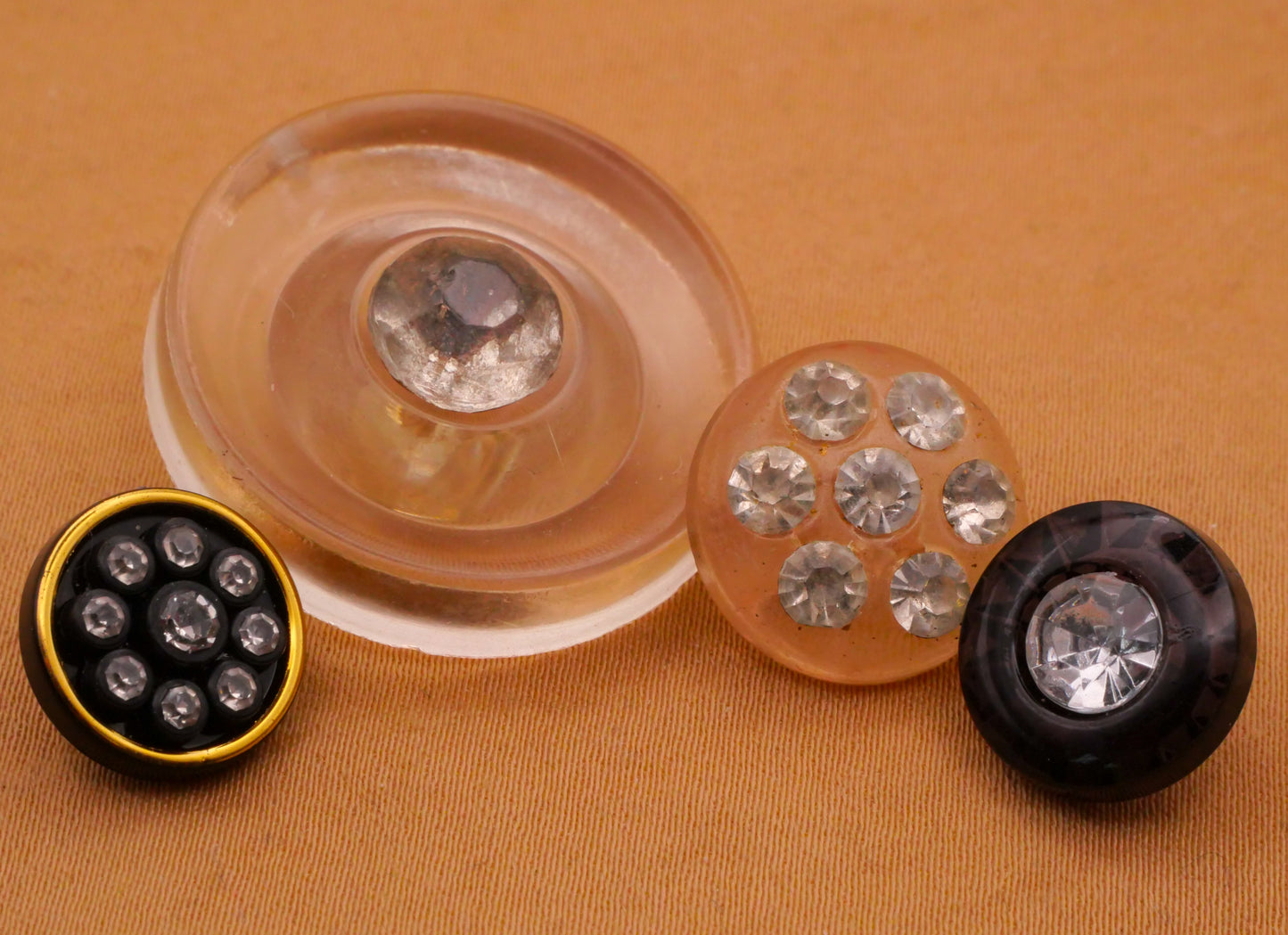 Rhinestone Sparkle Black Clear Vintage Plastic Set of Four Buttons 12-27mm