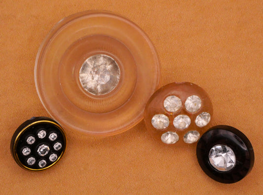 Rhinestone Sparkle Black Clear Vintage Plastic Set of Four Buttons 12-27mm