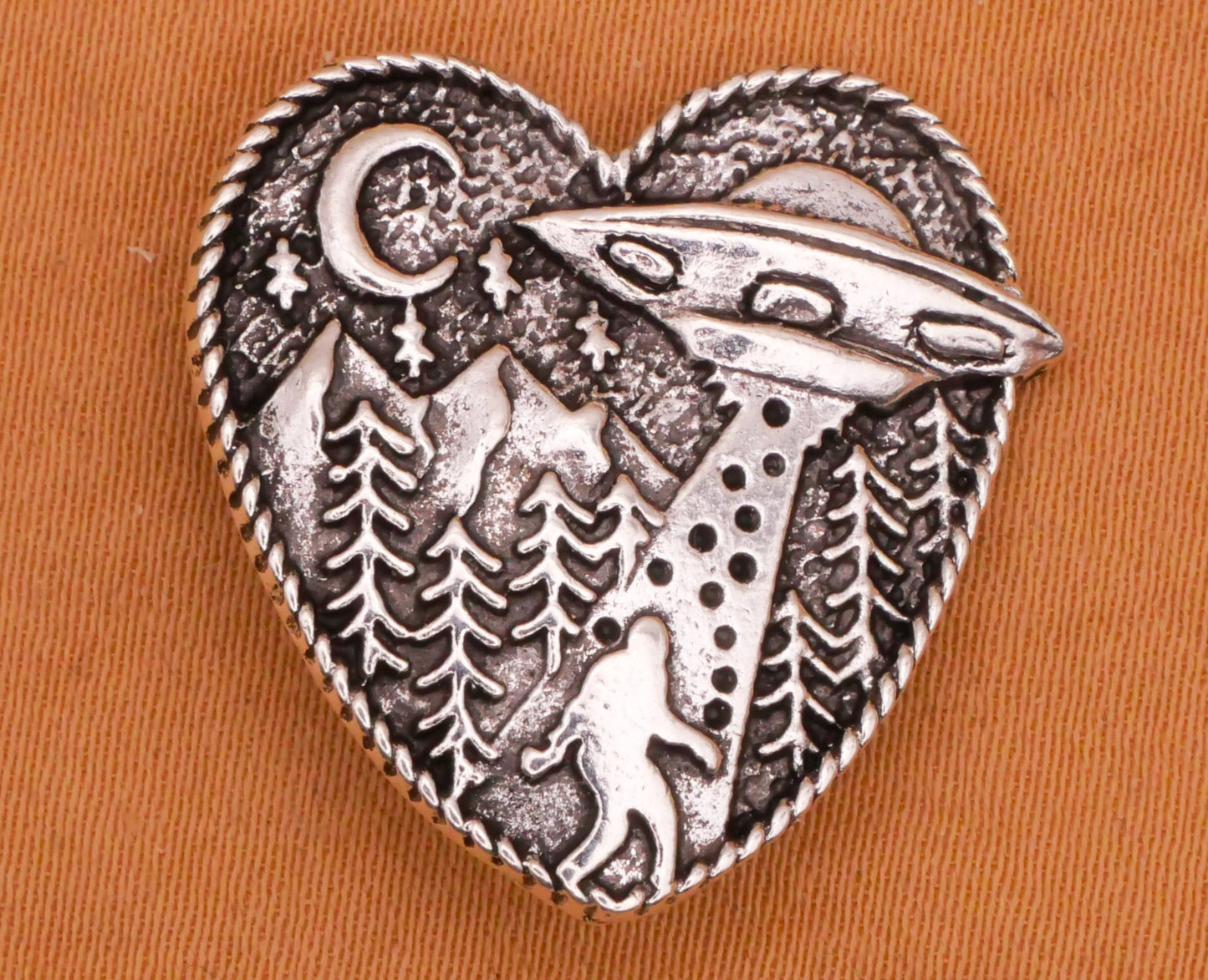 Sasquatch UFO Moon Heart Shaped Silver Metal Button 23mm