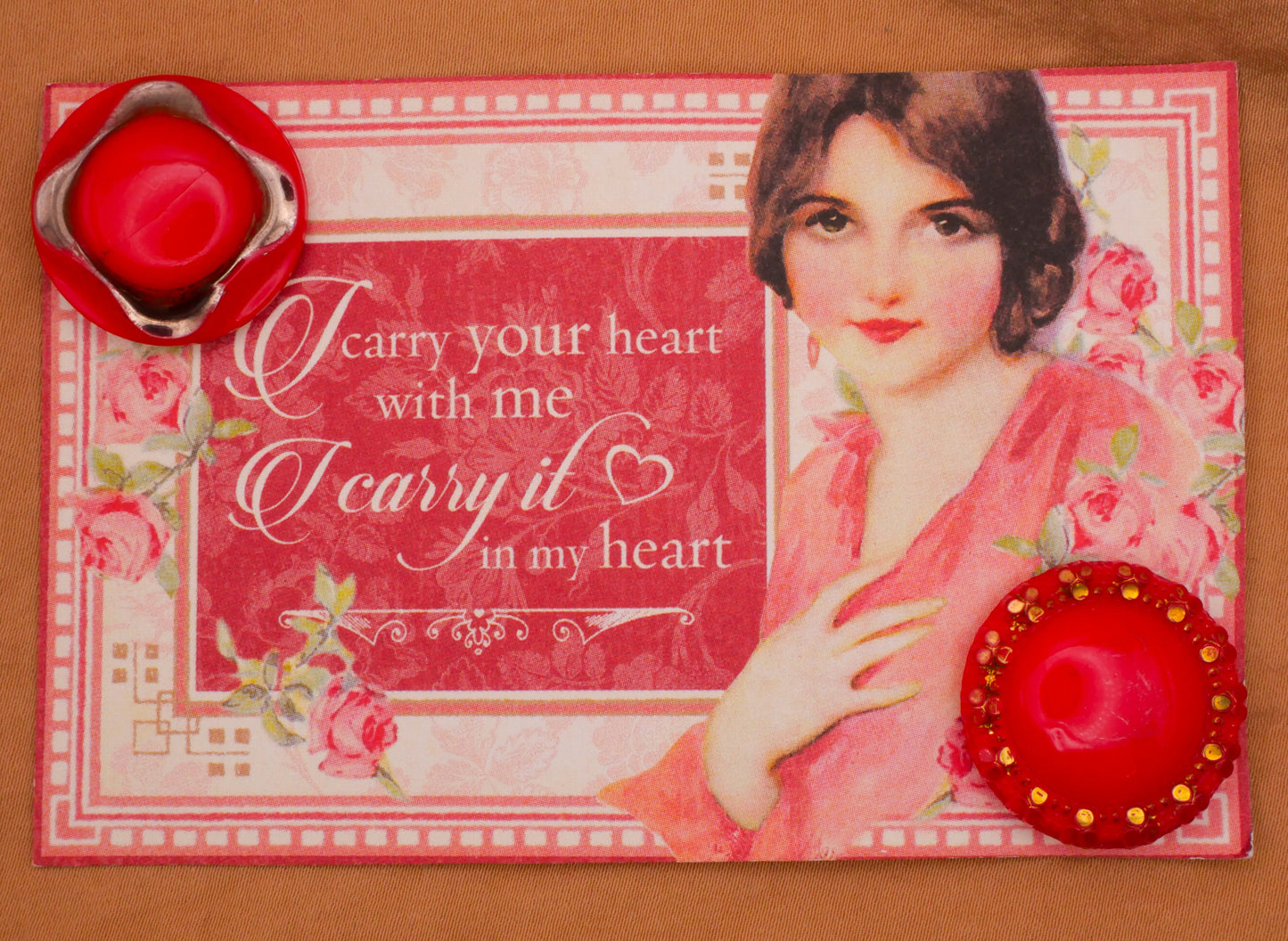 Red Glass Luster I Carry Your Heart Carded Pair of Buttons 23mm