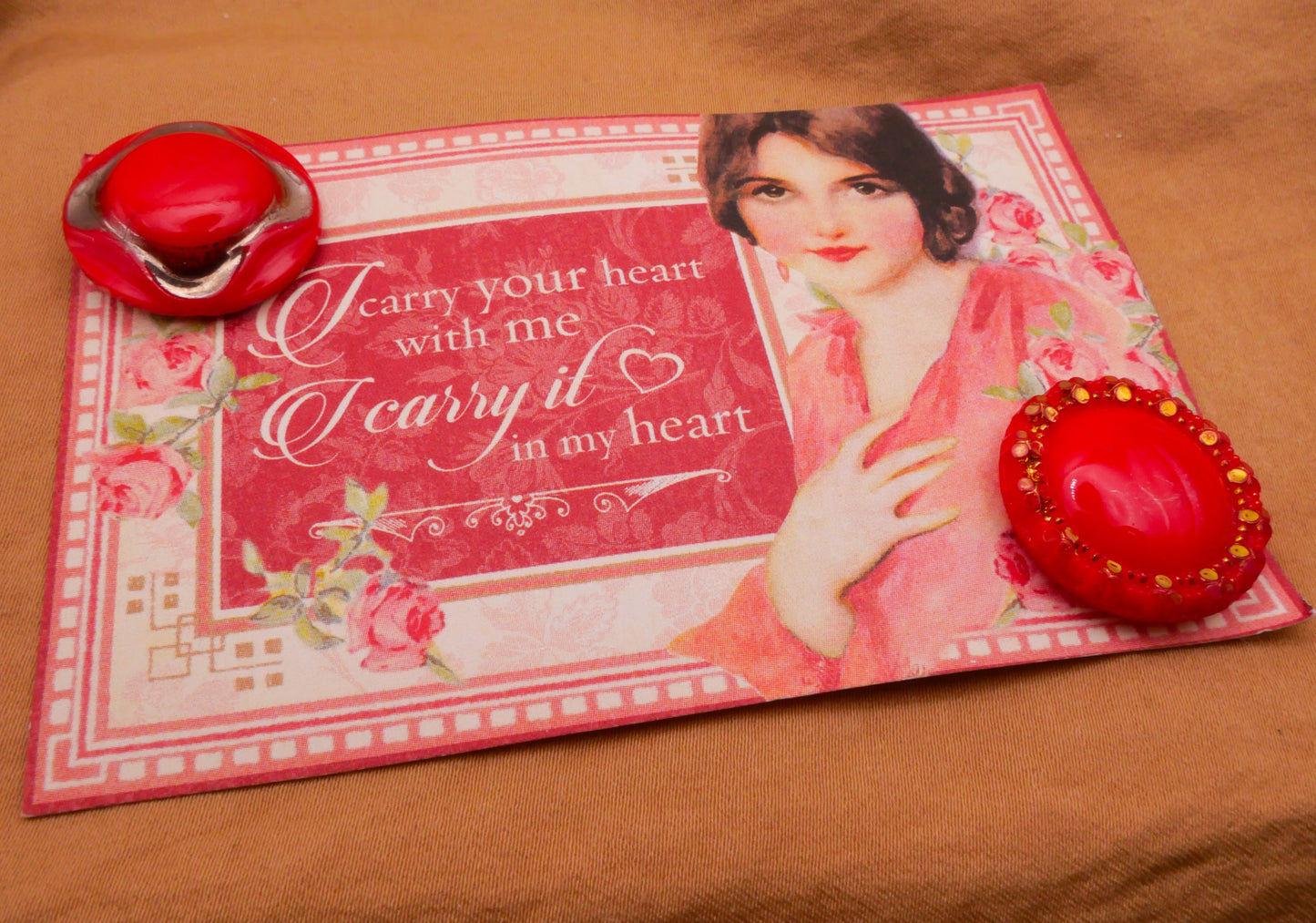 Red Glass Luster I Carry Your Heart Carded Pair of Buttons 23mm