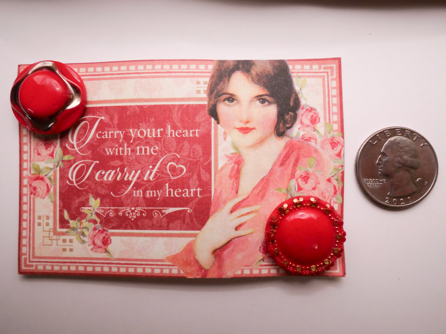 Red Glass Luster I Carry Your Heart Carded Pair of Buttons 23mm