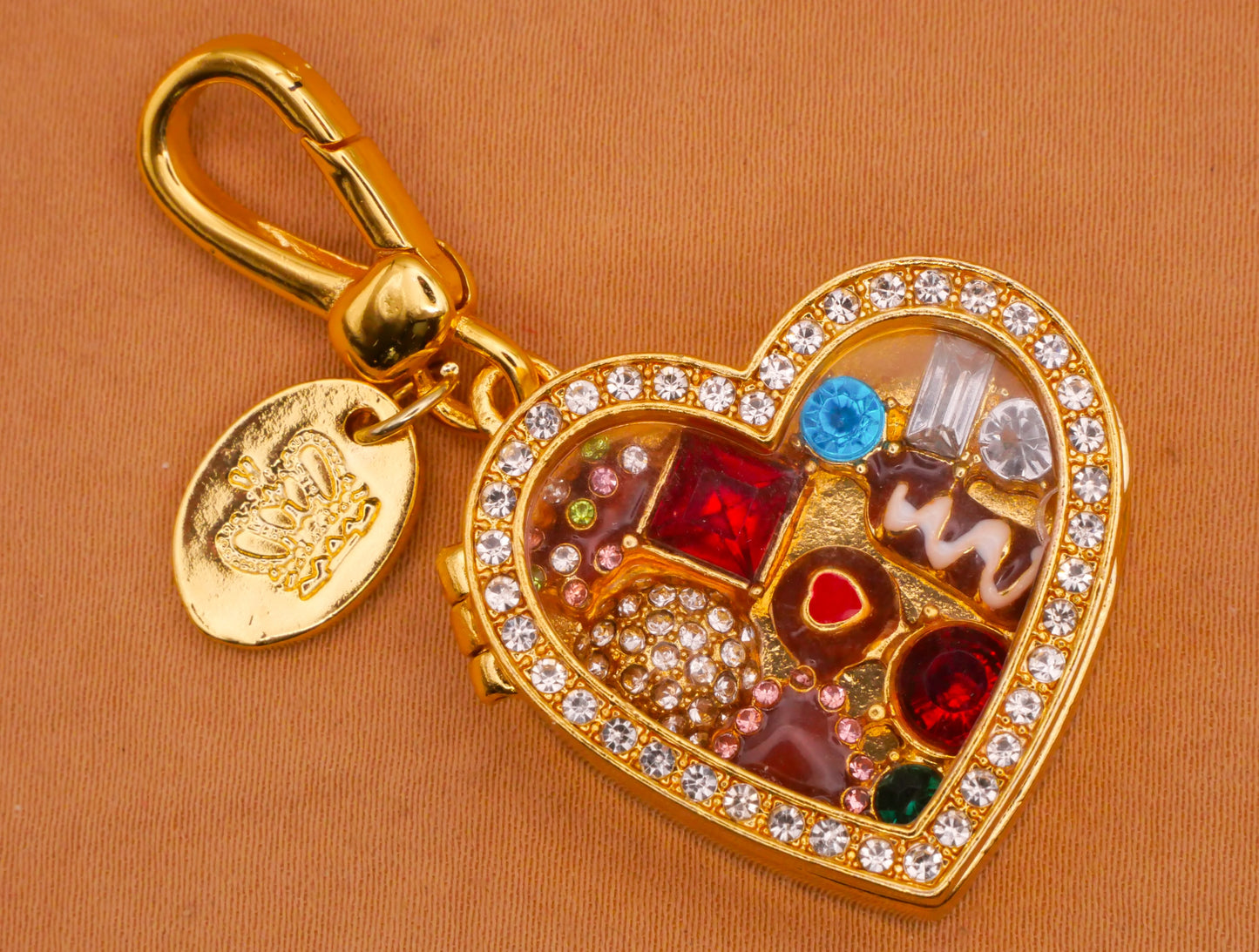 Candy Filled Heart Box Rhinestone Enamel Metal Keychain Embellishment 26x28mm