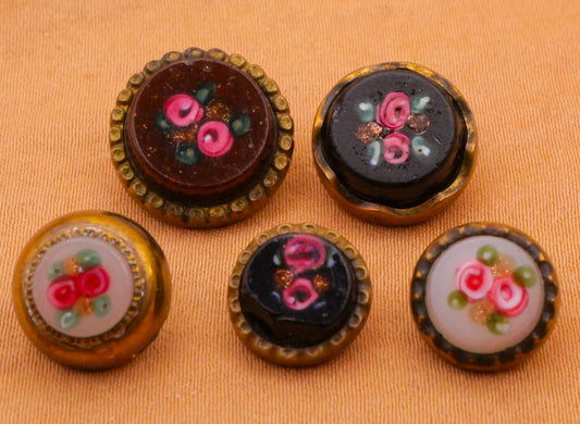 Double Rose Flower Lampwork Glass Metal Button Various 10-14mm