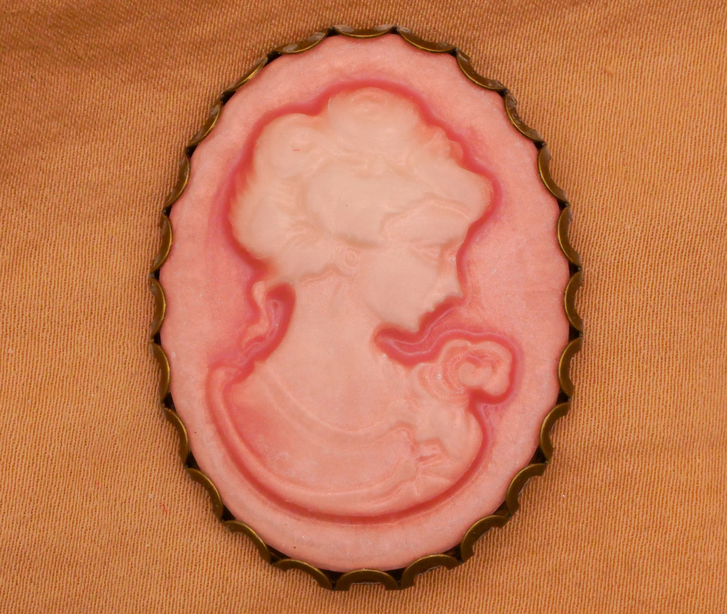 Cameo Lady Portrait Pink Plastic Bronze Metal Large Button 31x41mm