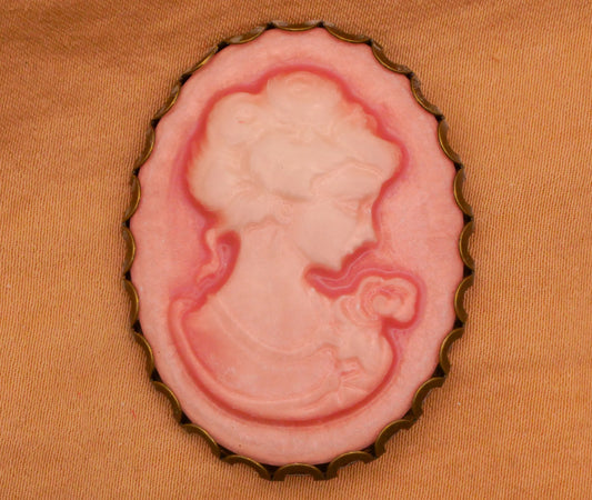 Cameo Lady Portrait Pink Plastic Bronze Metal Large Button 31x41mm