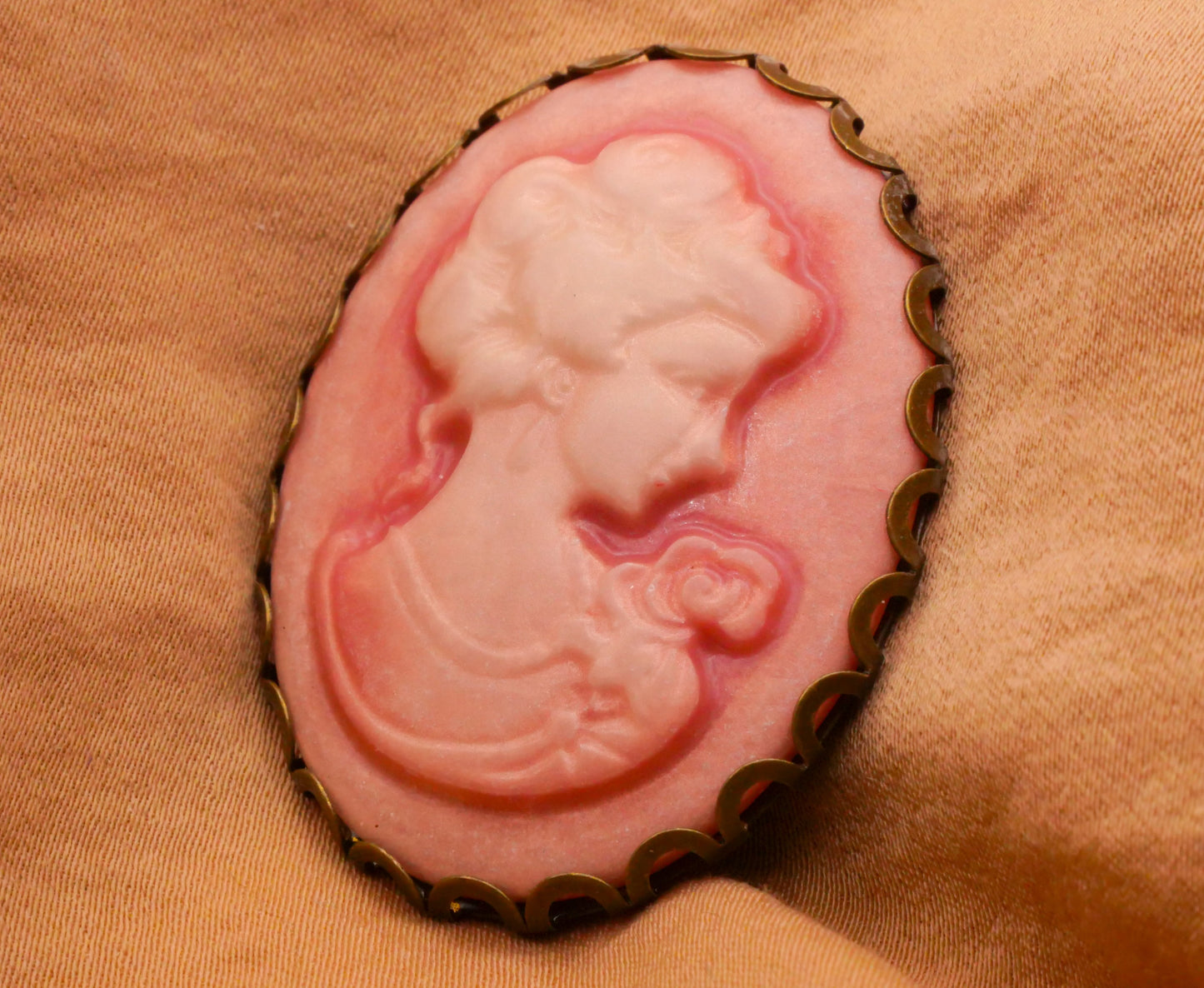 Cameo Lady Portrait Pink Plastic Bronze Metal Large Button 31x41mm