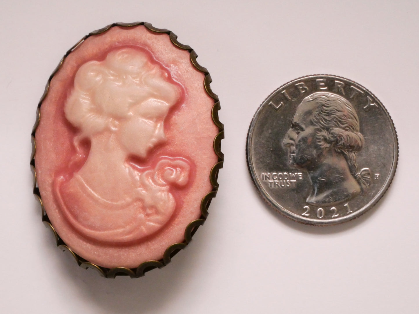 Cameo Lady Portrait Pink Plastic Bronze Metal Large Button 31x41mm