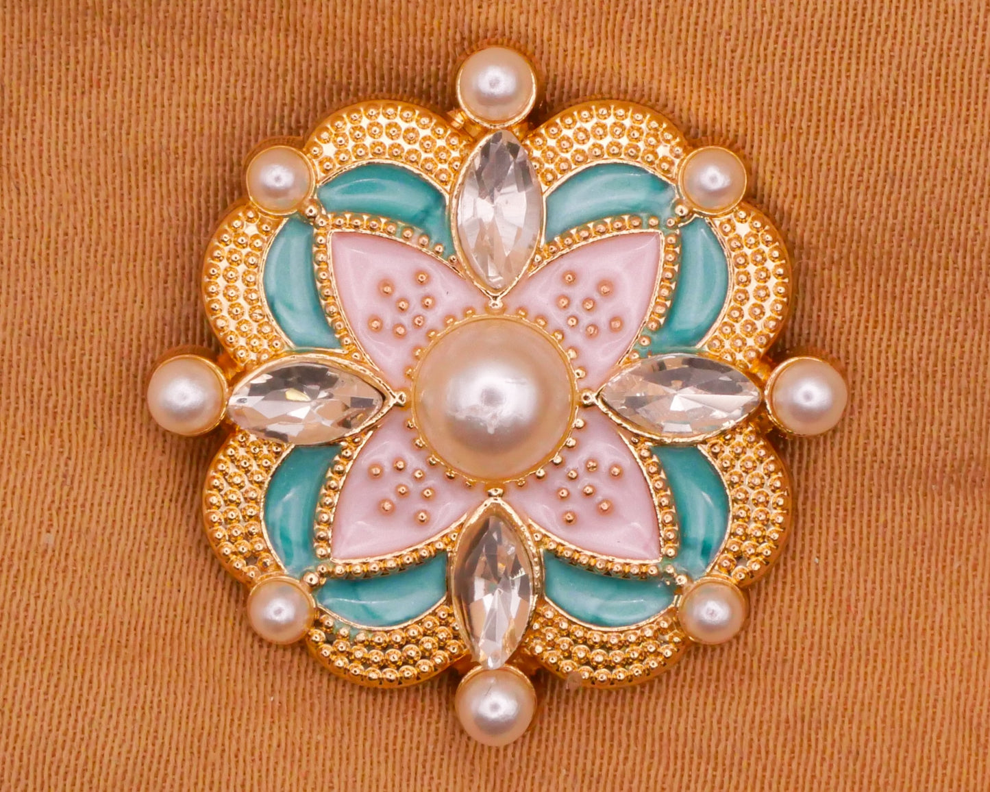 Pearl Rhinestone Pink Aqua Enamel Gold Metal Button 23mm