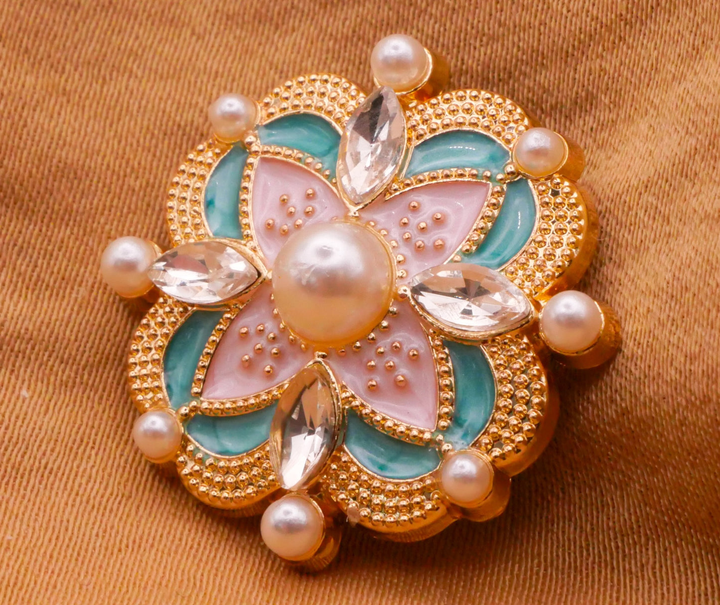 Pearl Rhinestone Pink Aqua Enamel Gold Metal Button 23mm