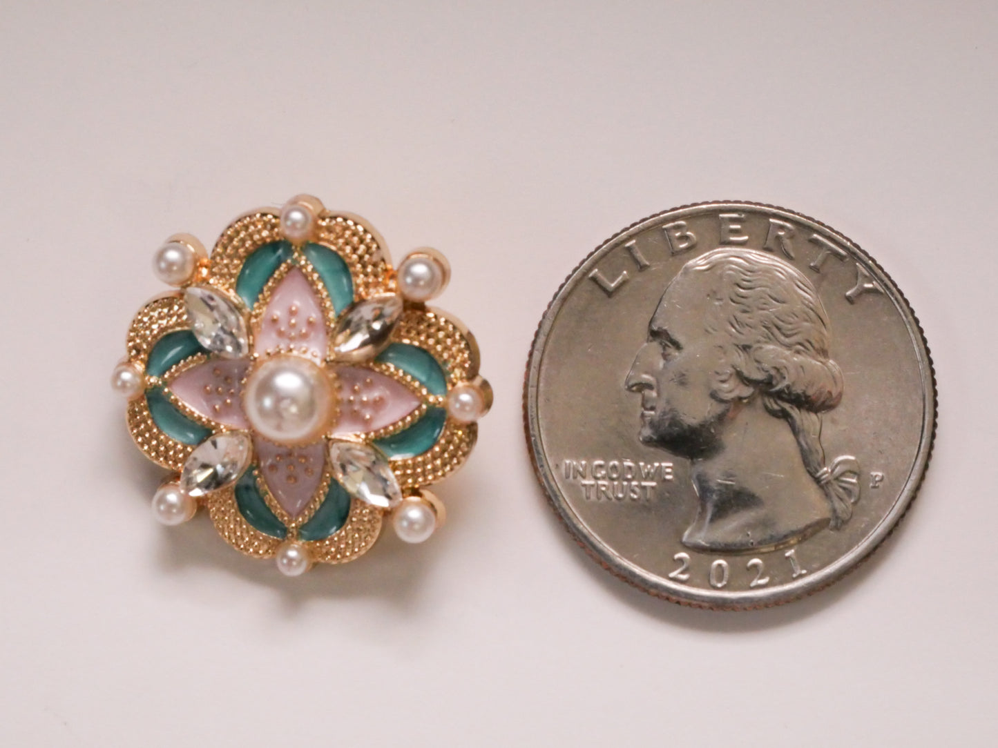 Pearl Rhinestone Pink Aqua Enamel Gold Metal Button 23mm