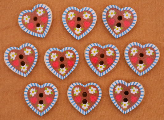 Heart Folk Art Hippie Flower Wood Set of Ten Buttons 17x18mm