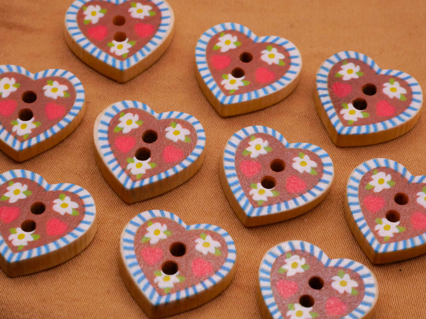 Heart Folk Art Hippie Flower Wood Set of Ten Buttons 17x18mm