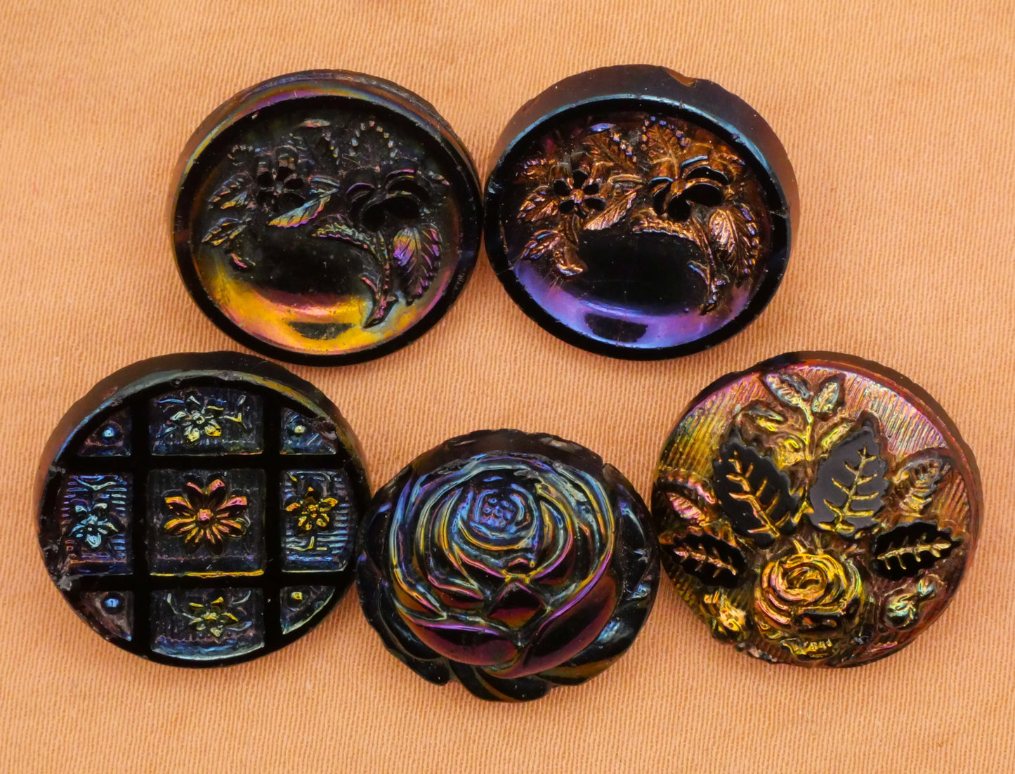 Flower Floral Rainbow Iridescent Luster Black Glass Button Various 17-18mm